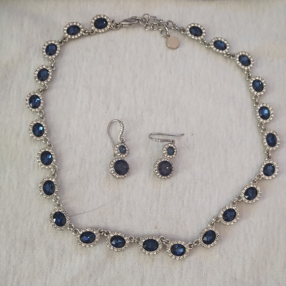 Silver toned CZ Blue Pave Necklace and Earrings Set